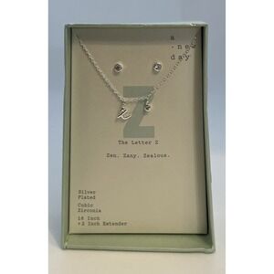 A‎ New Day Silver-Plated 16" Initial 'z' Necklace & Cubic Zirconia Earrings Set